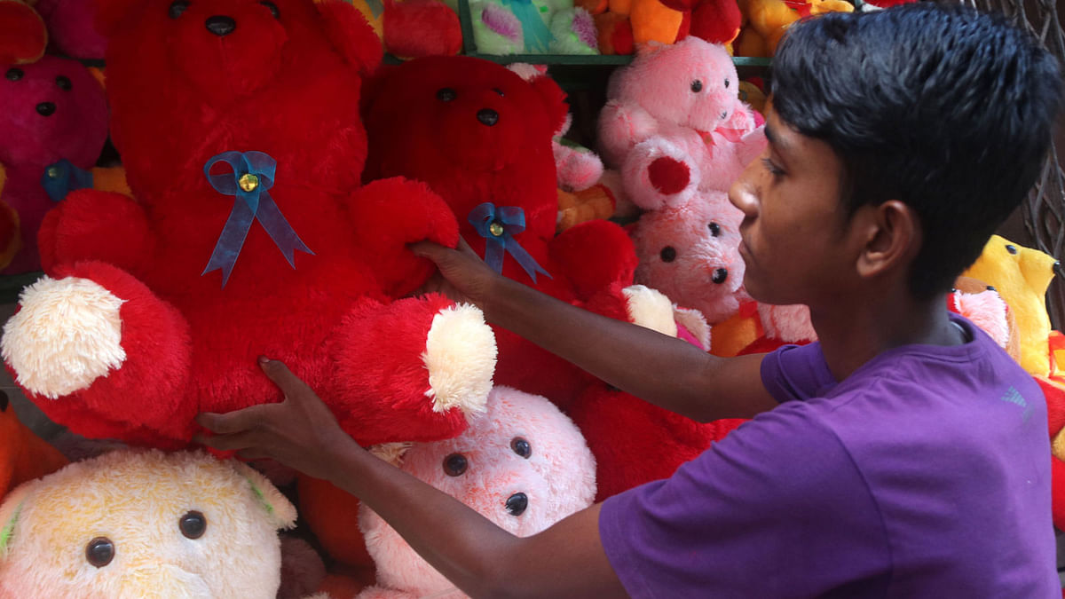 A boy displays soft toys of different colours and shapes in a stall on pavement near the front gate of Bogura New Market. Soel Rana took this photo on 6 September
