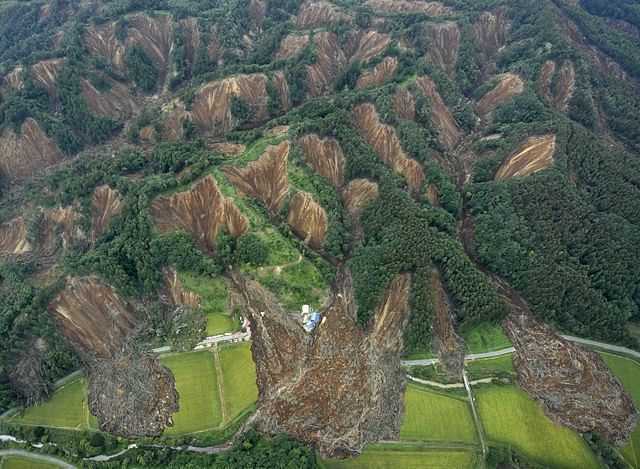 Landslides caused by an earthquake are seen in Atsuma town, Hokkaido, northern Japan, in this photo taken by Kyodo on 7 September 2018. Photo: Reuters