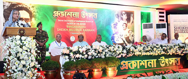 Prime minister Sheikh Hasina addresses a programme to unveil the cover of a book ‘Secret Documents of Intelligence Branch (IB) on Father of the Nation Bangabandhu Sheikh Mujibur Rahman’ at her official residence, Ganabhaban, in Dhaka on Saturday. Photo: PID