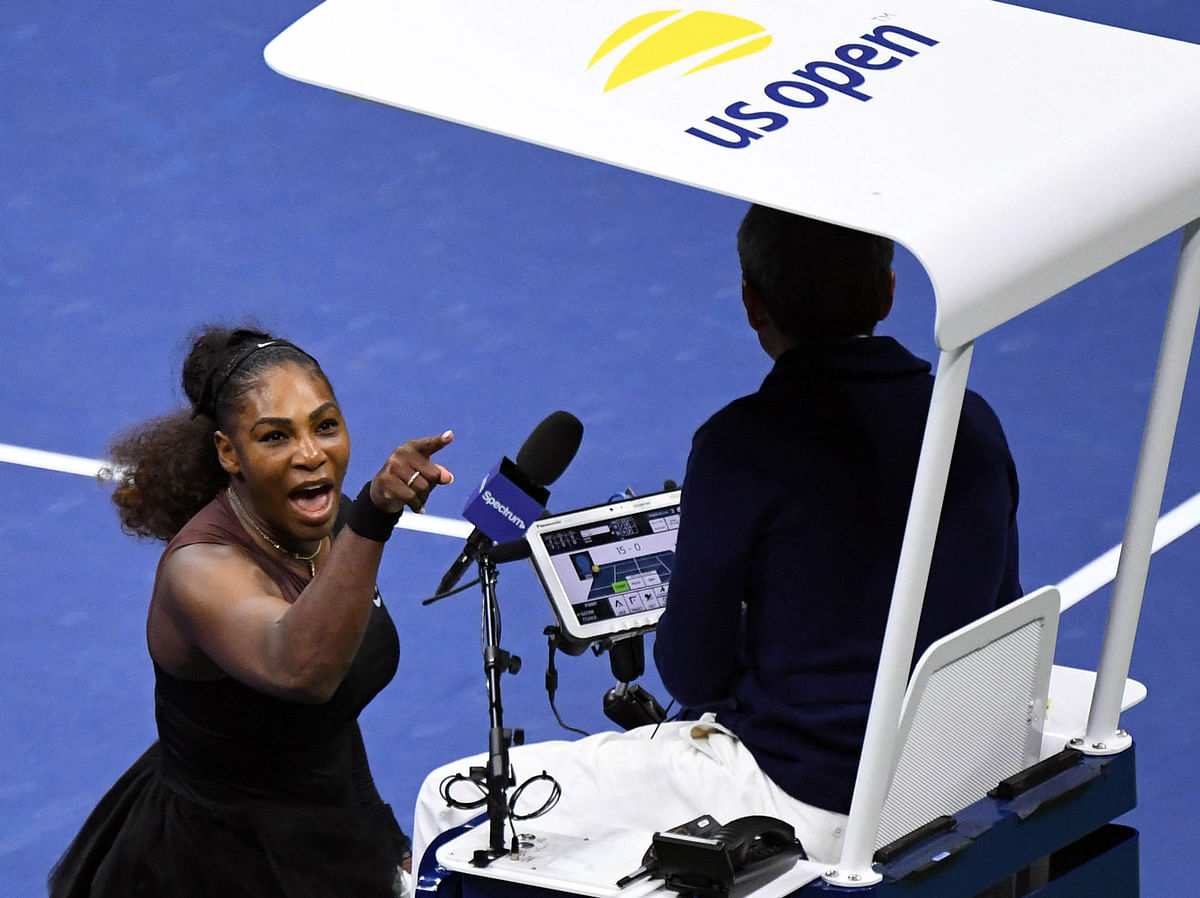 Serena Williams of the United States yells at chair umpire Carlos Ramos in the women`s final against Naomi Osaka of Japan on day thirteen of the 2018 US Open tennis tournament at USTA Billie Jean King National Tennis Centre. Photo: Reuters