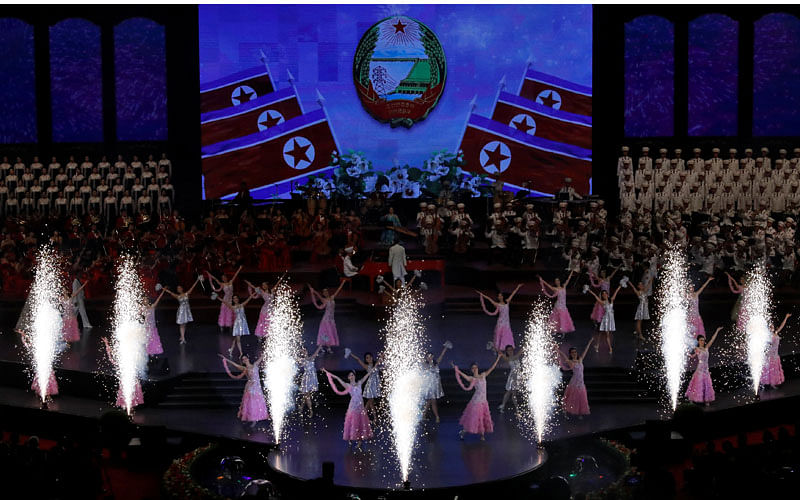 Singers and soldiers perform during a concert on the eve of 70th anniversary of North Korea’s foundation in Pyongyang on 8 September. Photo: Reuters