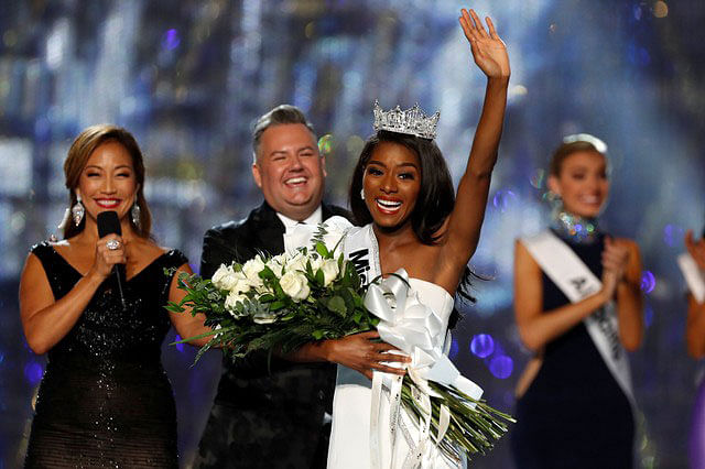Miss New York Nia Imani Franklin reacts after she won Miss America 2019 on stage in Atlantic City, New Jersey, US, 9 September 2018. Photo: Reuters
