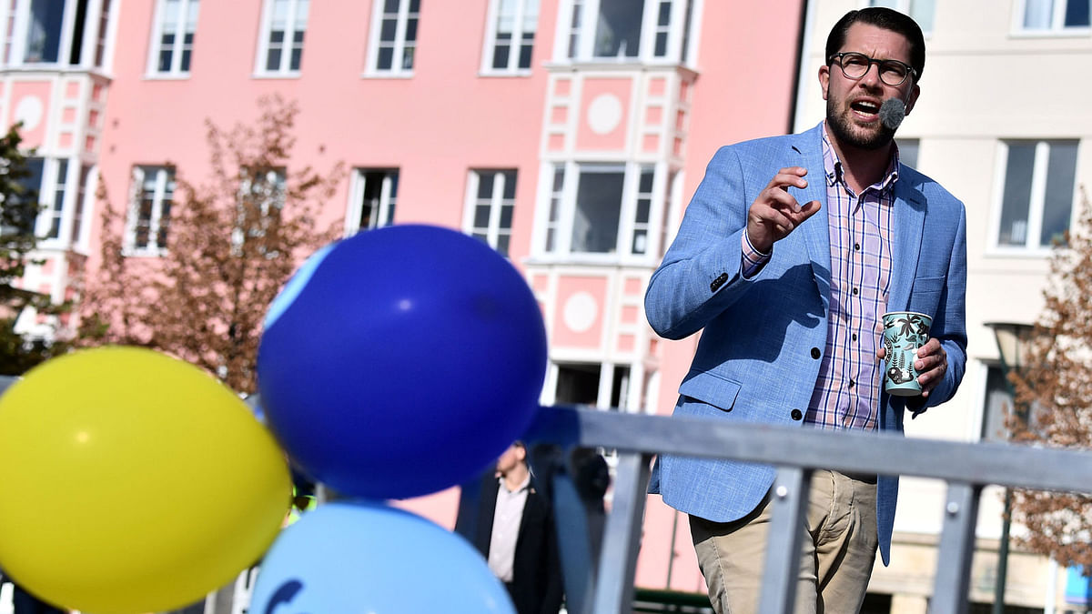 The party leader of the far-right Sweden Democrats, Jimmie Akesson, speaks at a campaign meeting in Malmo. Photo: Reuters