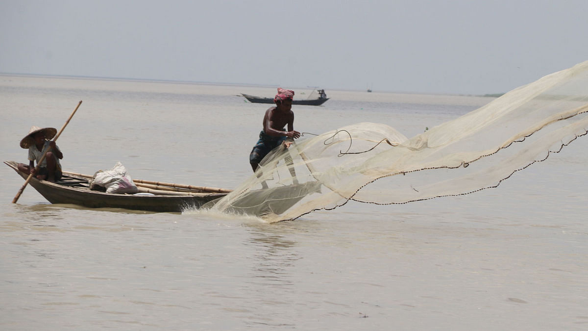 Fisherman casts net in the river Padma at Panchabati, Rajshahi. Waterlevel is increasing due to monsoon. Photo: Shahidul Islam