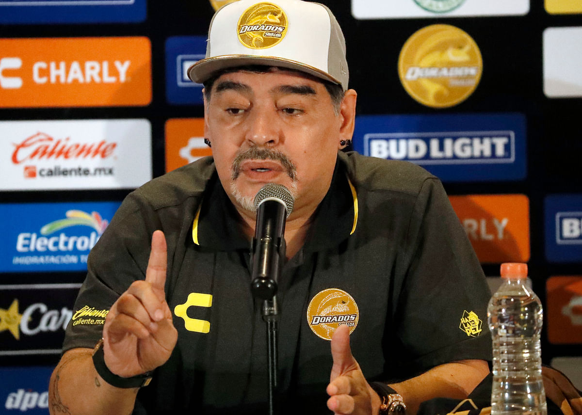 Former soccer great Diego Maradona speaks at a press conference where he was presented as the new manager of the Dorados of Sinaloa, in Culiacan, Mexico, Monday, 10 September 2018. Photo: AP