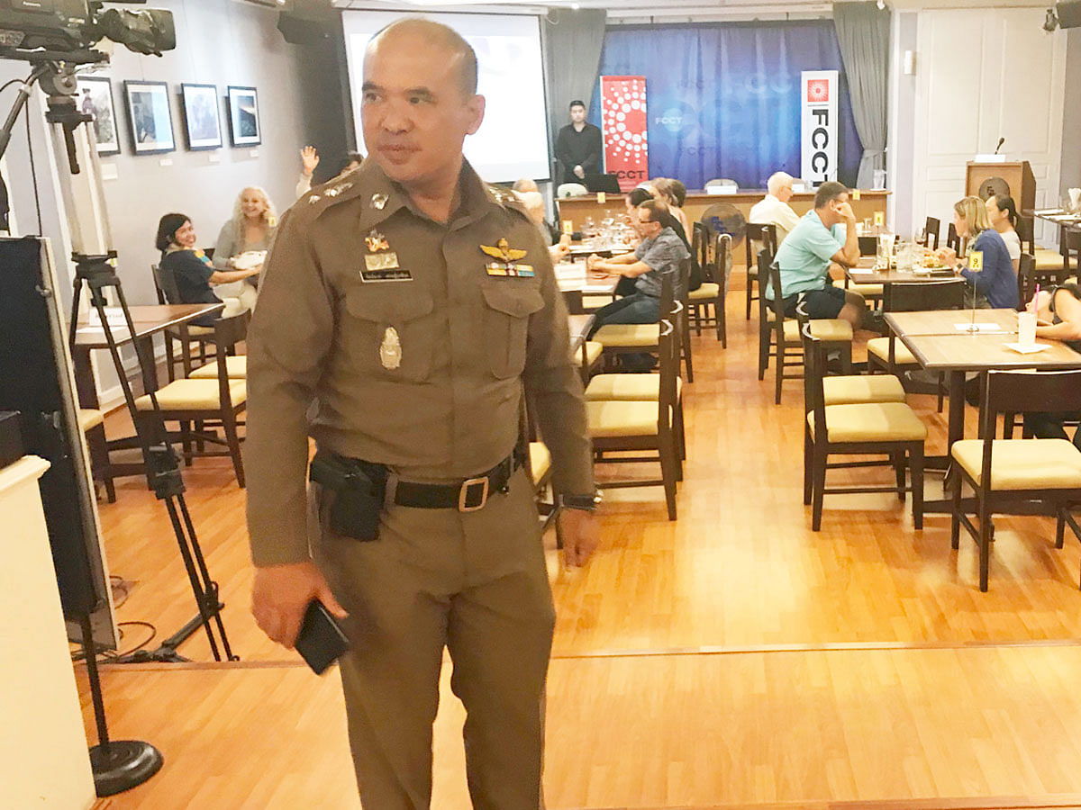 In this Monday 10 September 2018, photo, a Thai policeman stands inside Foreign Correspondents` Club of Thailand during an event titled: `Will Myanmar`s General Ever Face Justice for International Crimes` in Bangkok, Thailand. Photo: AP