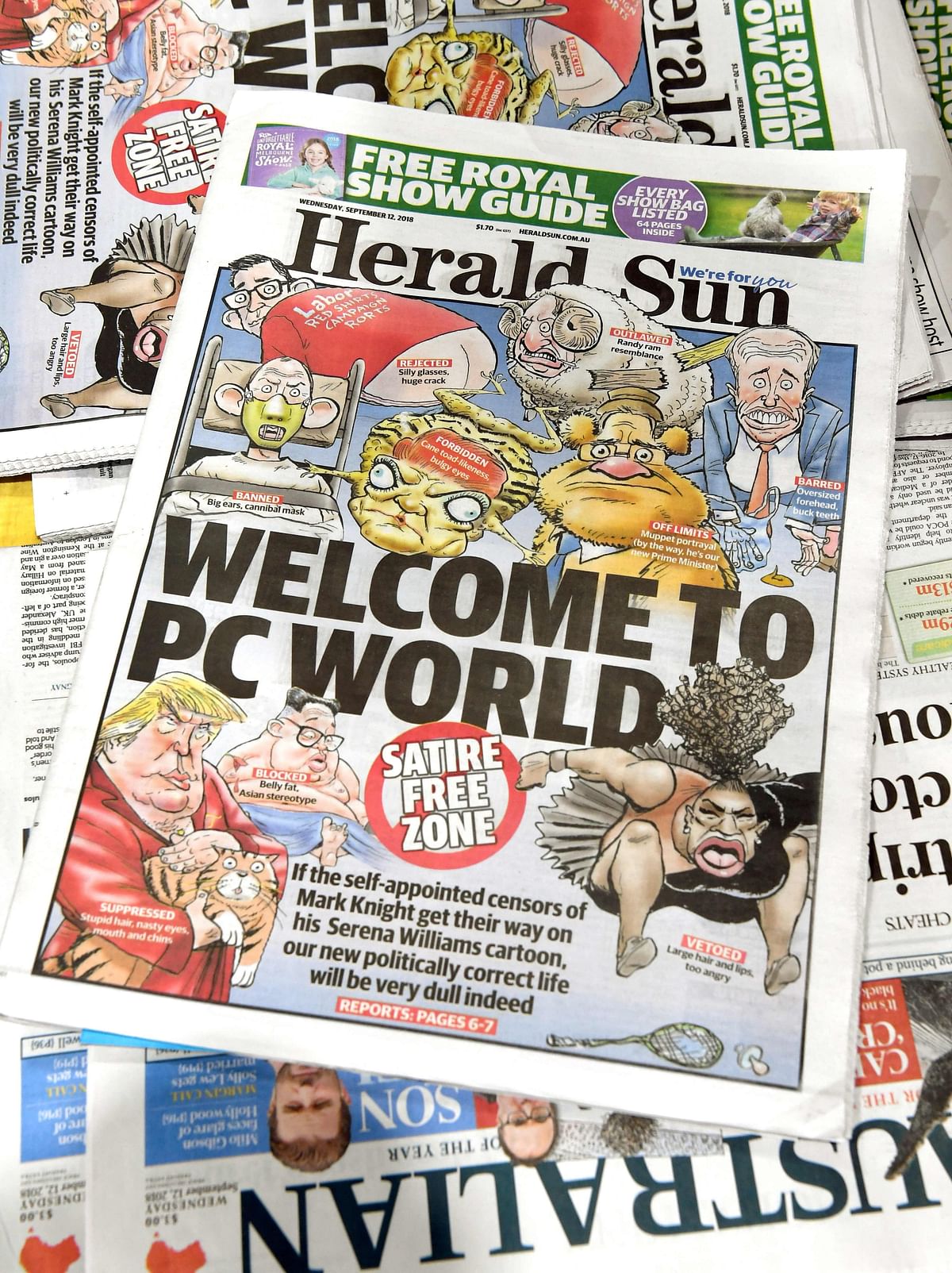 This photo illustration shows the front page of the Herald Sun newspaper, featuring a cartoon of US tennis player Serena Williams (lower R), on sale at a newsstand in Melbourne on 12 September 2018. Photo: AFP