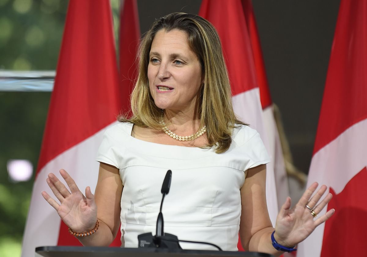 In this file photo taken on 31 August, 2018 Canadian foreign minister Chrystia Freeland speaks at a press conference at the Embassy of Canada in Washington, DC. Photo: AFP