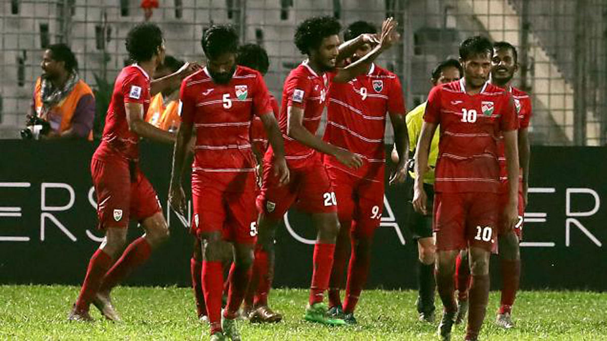 Maldives players celebrate their first goal against Nepal in SAFF football semi-final on Wednesday. Photo: Prothom Alo