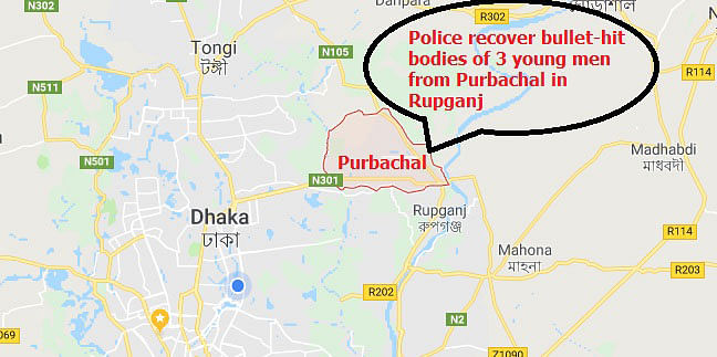 Map of the Purbachal area (red-circled) where bodies of the three-unidentified young men are found.