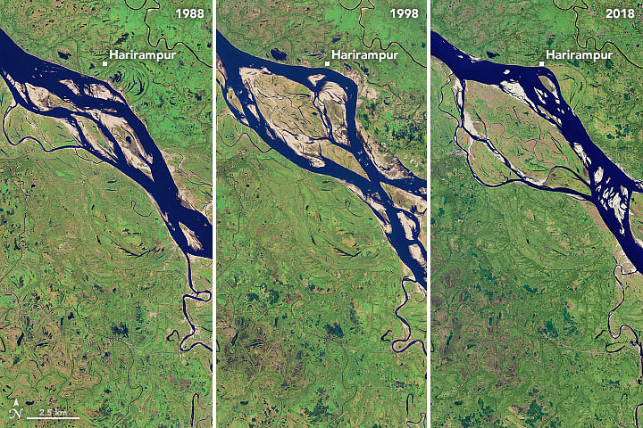 This photo shows changing shape of Padma river between 2 January 1988 and 20 January 2018. Photo: NASA