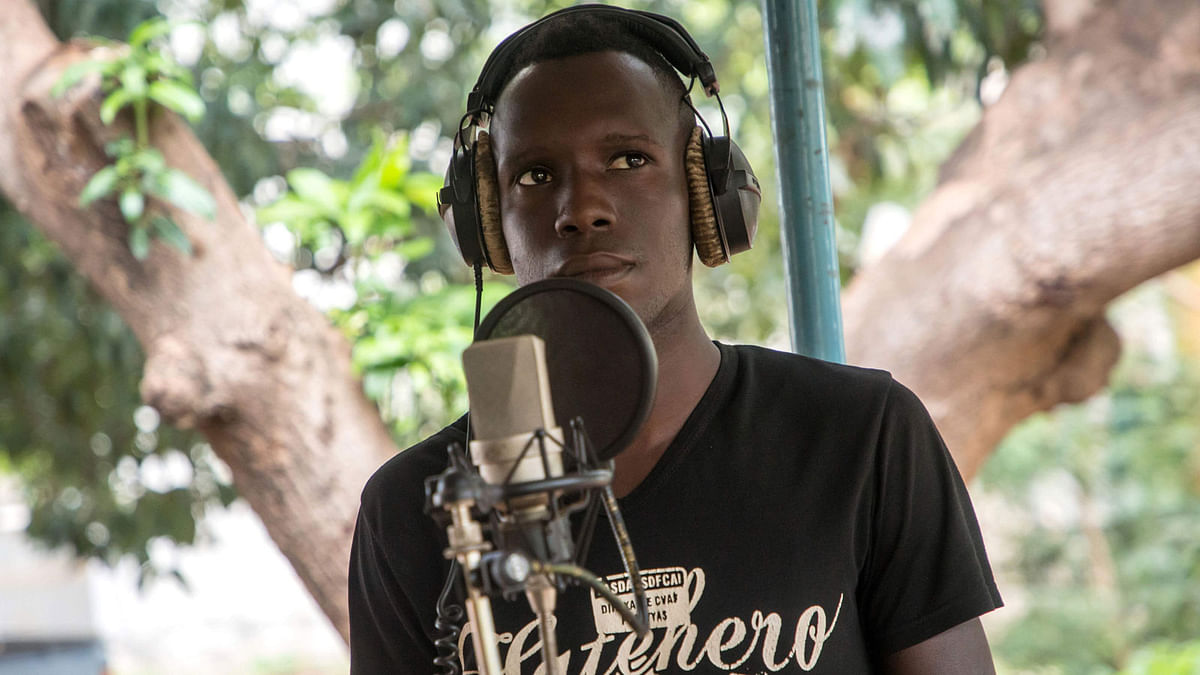 Jonathan Sougué, records his album at the Bobo Dioulasso prison on 9 August, 2018. Photo: AFP