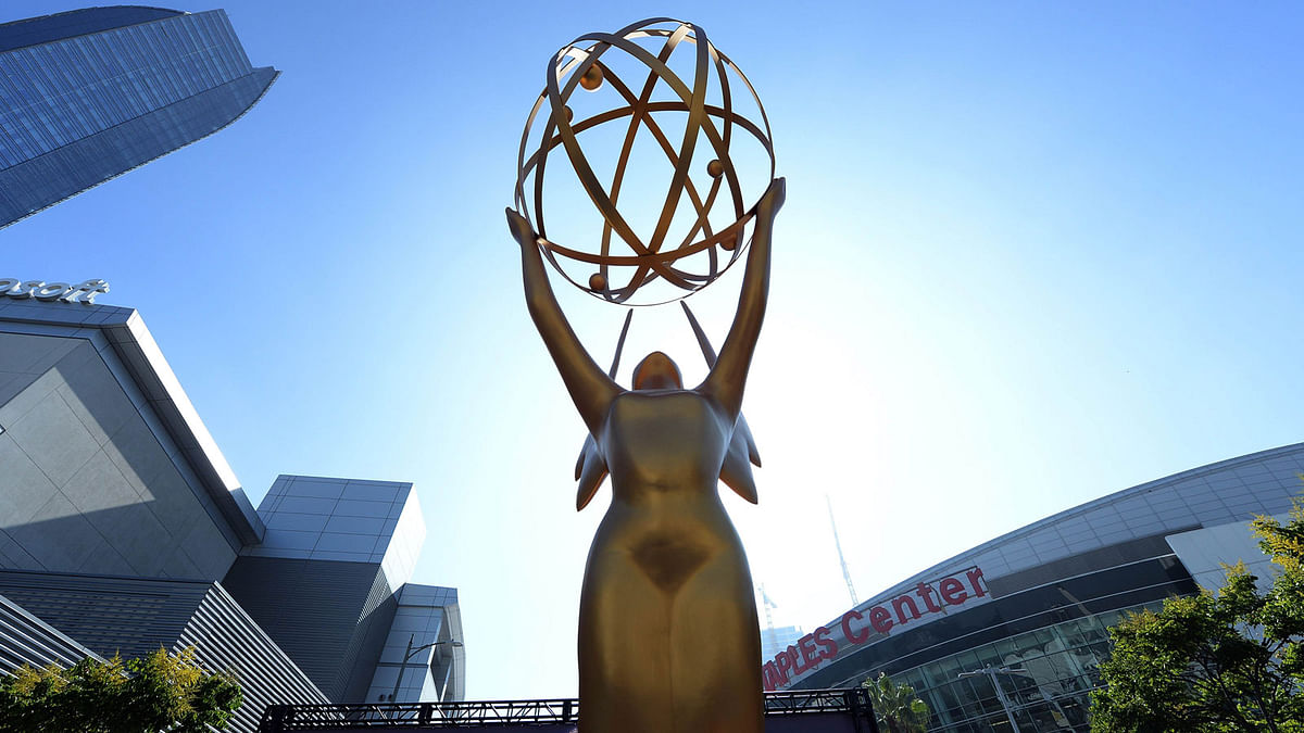 An Emmy statue is placed at the entrance of the gold carpet at the entrance of Microsoft Theatre for the 70th Emmy Awards on 13 September 2018 in Los Angeles, California. Photo: AFP