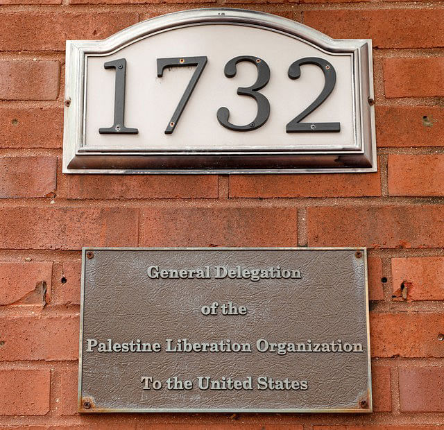 A plaque remains on the Palestine Liberation Organization (PLO) office two days after US president Donald Trump`s national security adviser John Bolton announced that the state department would close the PLO office in Washington, US, 12 September 2018. Photo: Reuters