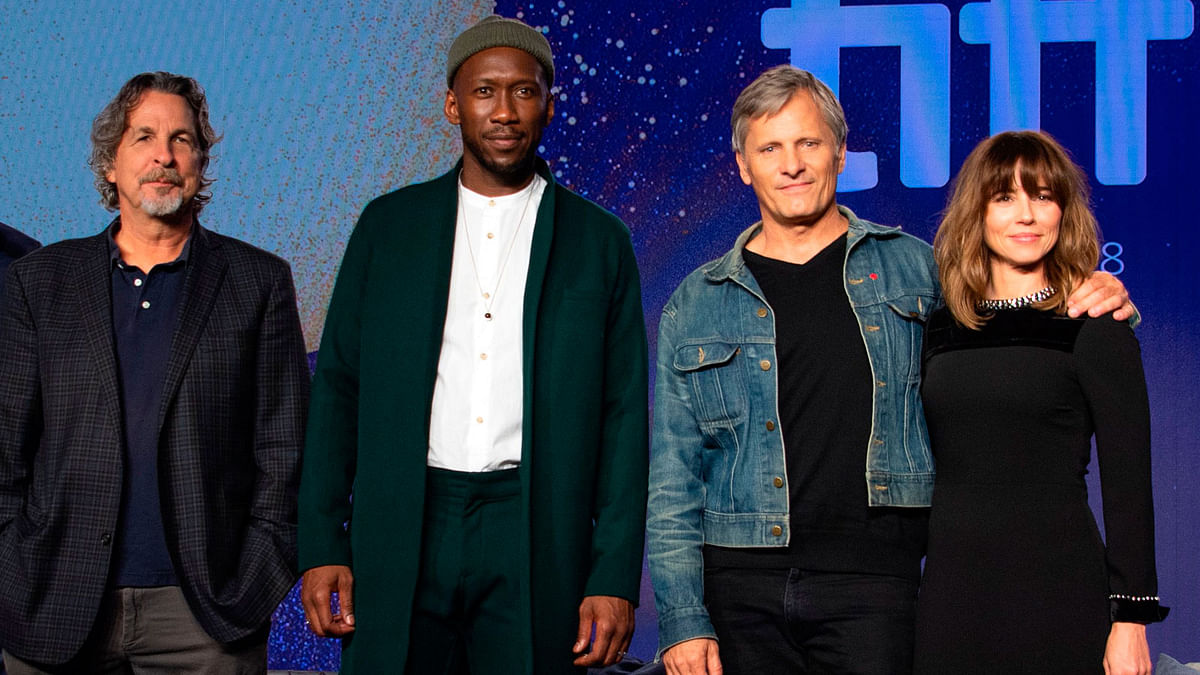 (L-R) Director Peter Farrelly, actors Mahershala Ali, Viggo Mortensen and Linda Cardellini attend the press conference for `Green Book` during the Toronto International Film Festival, on 12 September, 2018, in Toronto, Ontario, Canada. Photo: AFP