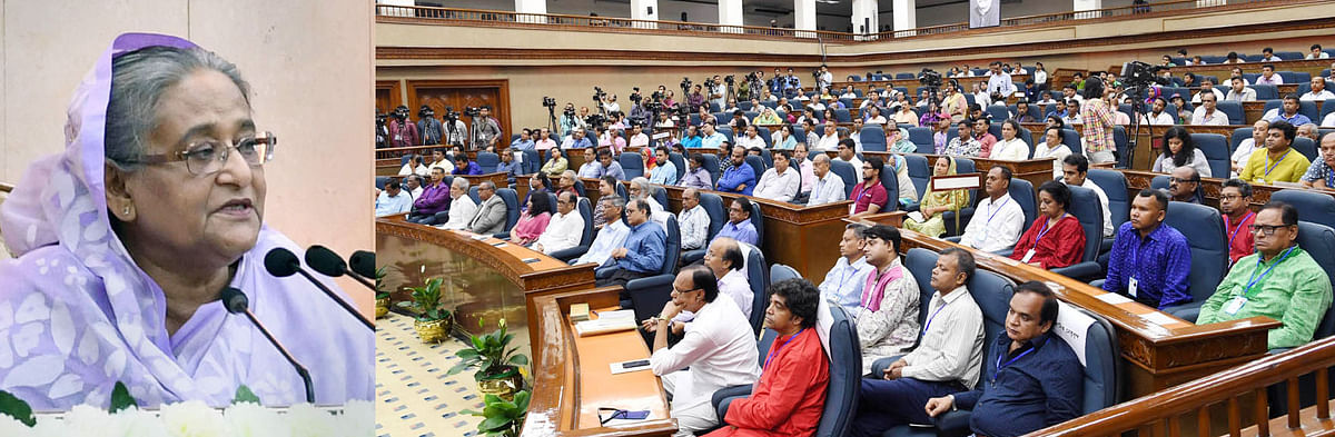 Prime minister Sheikh Hasina addresses a cheque distribution programme of Bangladesh Journalists` Welfare Trust at the Prime Minister’s Office in Dhaka on Wednesday. Photo: PID