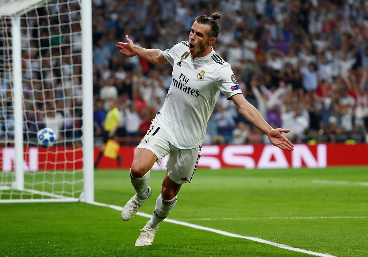 Real Madrid`s Gareth Bale celebrates scoring their second goal in a group stage match of Champions League against AS Roma at Santiago Bernabeu, Madrid, Spain on 19 September 2018. Photo: Reuters