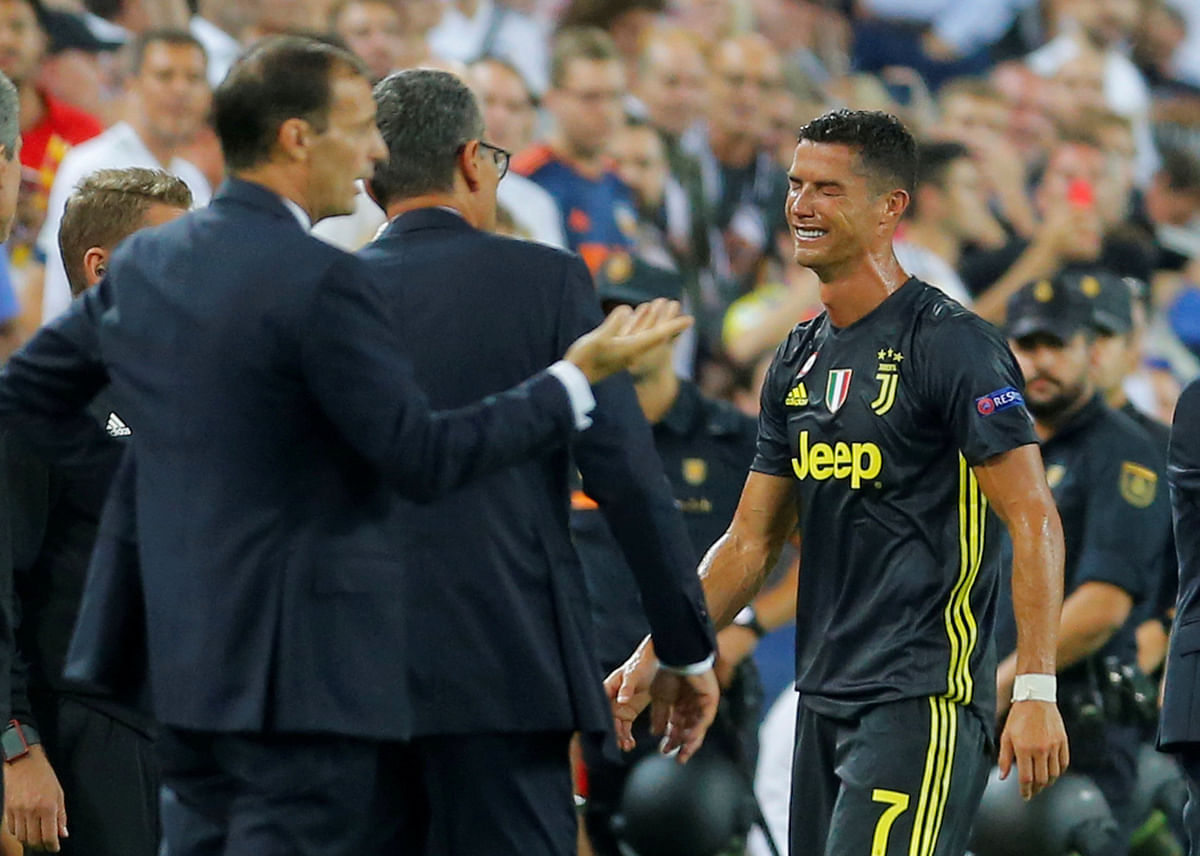 Juventus` Cristiano Ronaldo reacts after being sent off in a Group Stage match of Champions League against Valencia at Mestalla, Valencia, Spain on 19 September 2018. Photo: Reuters