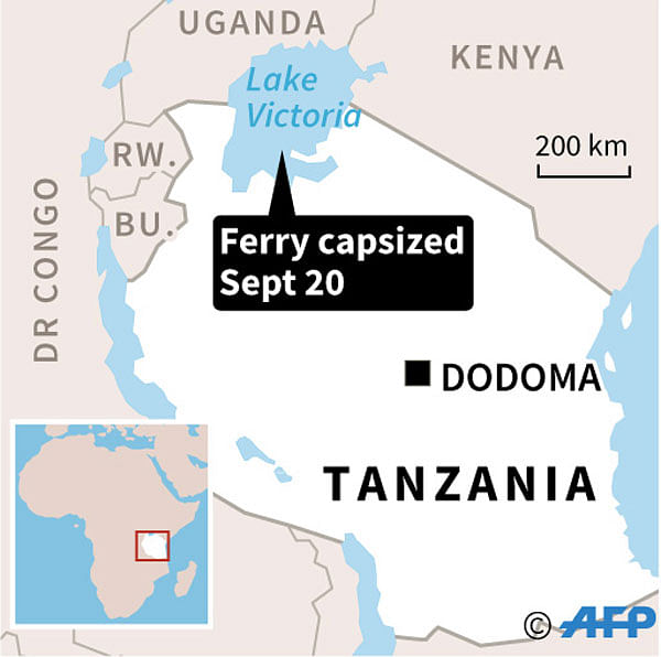 Map of Tanzania locating Lake Victoria, where a ferry capsized Thursday. Photo: AFP