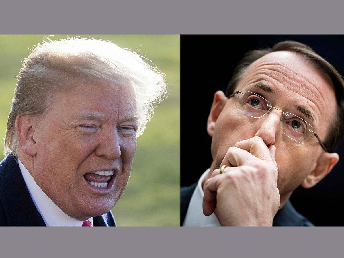 This combination of pictures created on 17 March shows a 13 March  file photo of US president Donald Trump (L) at the White House in Washington, DC; and a 13 December 2017 file photo of US deputy attorney general Rod Rosenstein on Capitol Hill in Washington, DC. Photo AFP