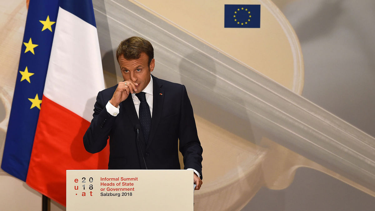 France`s president Emmanuel Macron addresses a press conference at the end of the EU Informal Summit of Heads of State or Government at the Mozarteum University in Salzburg, Austria, on 20 September 2018. Photo: AFP