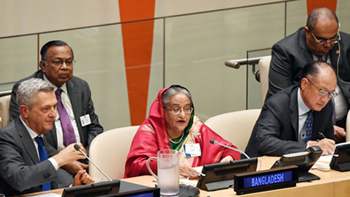 Prime minister Sheikh Hasina addressing a high-level event on the global refugee issue in New York on Monday. -- BSS