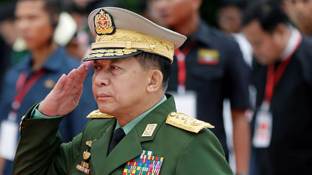 Myanmar`s commander in chief senior general Min Aung Hlaing salutes as he attends an event in Yangon. Reuters