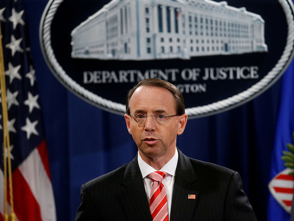 Rod Rosenstein announces grand jury indictments of 12 Russian intelligence officers in special counsel Robert Mueller`s Russia investigation, during a news conference at the Justice Department in Washington, US on 13 July. Photo: Reuters