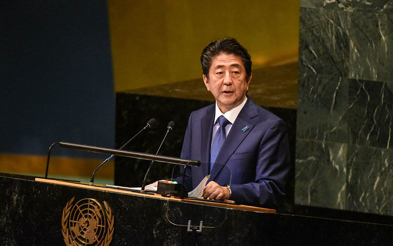 Prime minister of Japan Shinzo Abe delivers a speech to the General Assembly at the United Nations during the United Nations General Assembly on September 25, 2018 in New York City. Photo: AFP