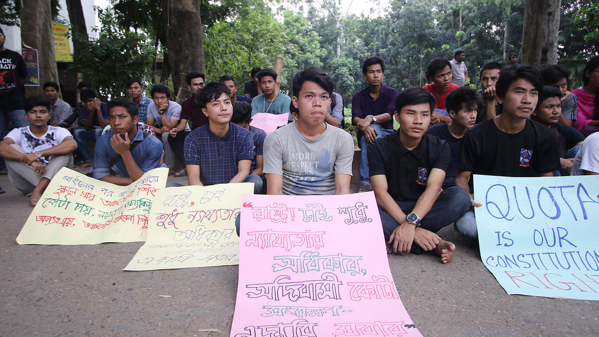 Indigenous quota reform council stages demonstration at Aparajeyo Bangla in Dhaka University on 30 September demanding 5 per cent quota reservation in government jobs to be upheld. Photo: Abdus Salam