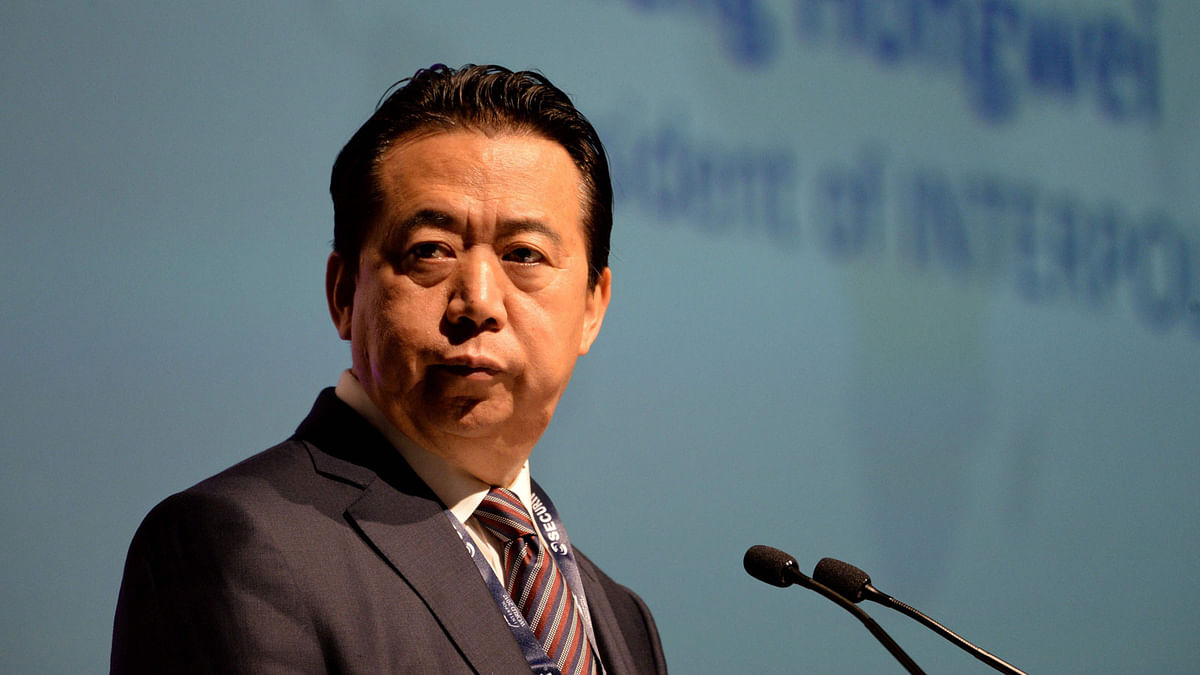 In this file photo taken on July 4, 2017 Meng Hongwei, president of Interpol, gives an addresses at the opening of the Interpol World Congress in Singapore. Photo: AFP