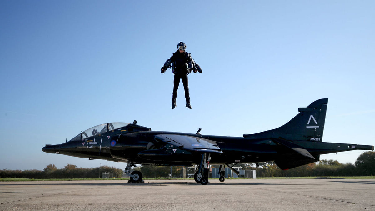 Richard Browning, Chief Test Pilot and CEO of Gravity Industries, wears a Jet Suit and flies during a demonstration flight at Bentwaters Park, Woodbridge, Britain on 4 October 2018. Photo: Reuters