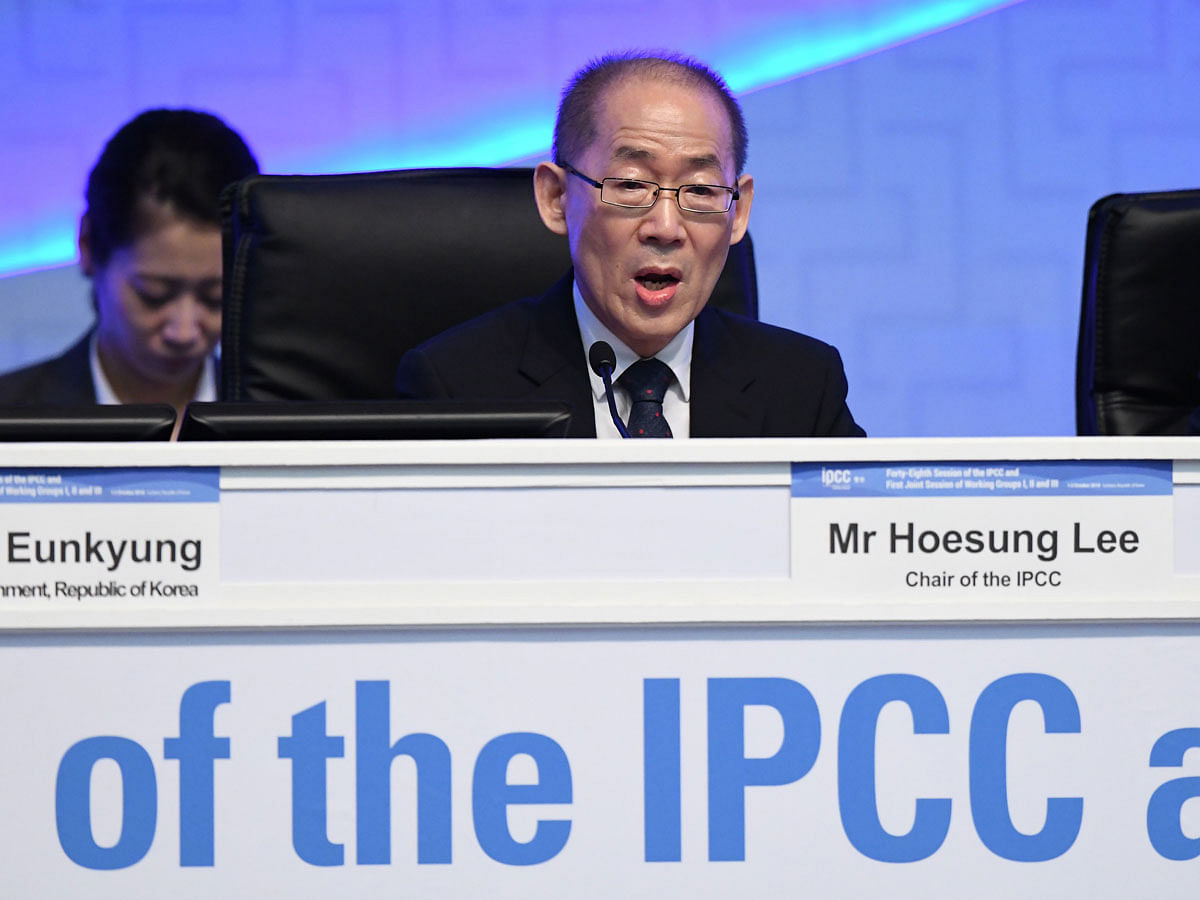 Hoesung Lee, chair of the IPCC, speaks during the opening ceremony of the 48th session of the Intergovernmental Panel on Climate Change (IPCC) in Incheon on 1 October. Photo: AFP