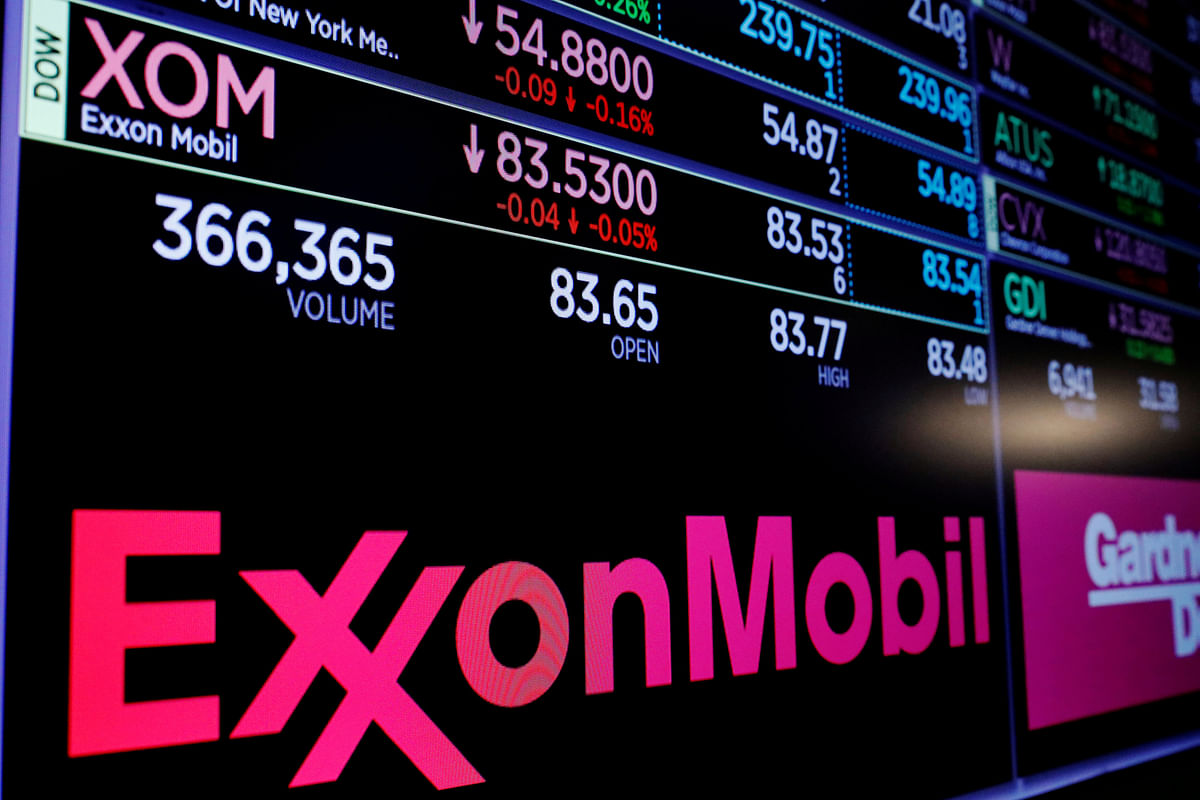 A logo of ExxonMobil is displayed on a monitor above the floor of the New York Stock Exchange shortly after the opening bell in New York, US, 5 December 2017. Photo: Reuters