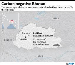 Map locating Bhutan, the world`s only carbon negative country. AFP