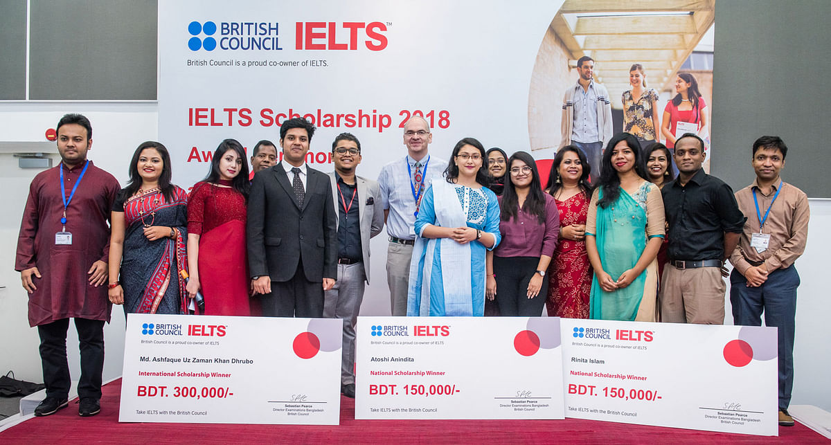Winners of British Council`s `IELTS Scholarships 2018’ and representatives of IELTS registration centres in Dhaka at at an event on Wednesday -- Photo: Collected