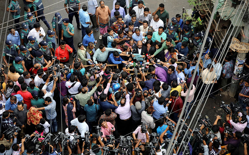 A lawyer is seen in a press briefing outside of the court after the verdict in the 21 August grenade attack 2004 case in Dhaka, Bangladesh on 10 October 2018. Photo: Reuters