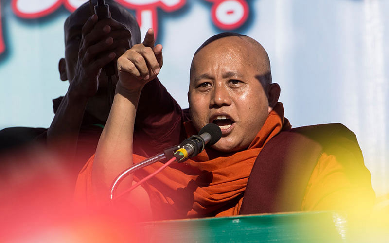 Buddhist monk Wirathu delivers a speech during a rally to show the support to the Myanmar military in Yangon on 14 October, 2018. Photo: AFP