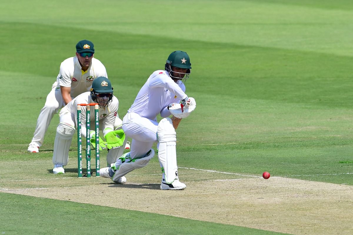 Pakistan cricketer Fakhar Zaman plays a shot during day one of the second Test cricket match in the series between Australia and Pakistan at the Abu Dhabi Cricket Stadium in Abu Dhabi on 16 October 2018. Photo: AFP