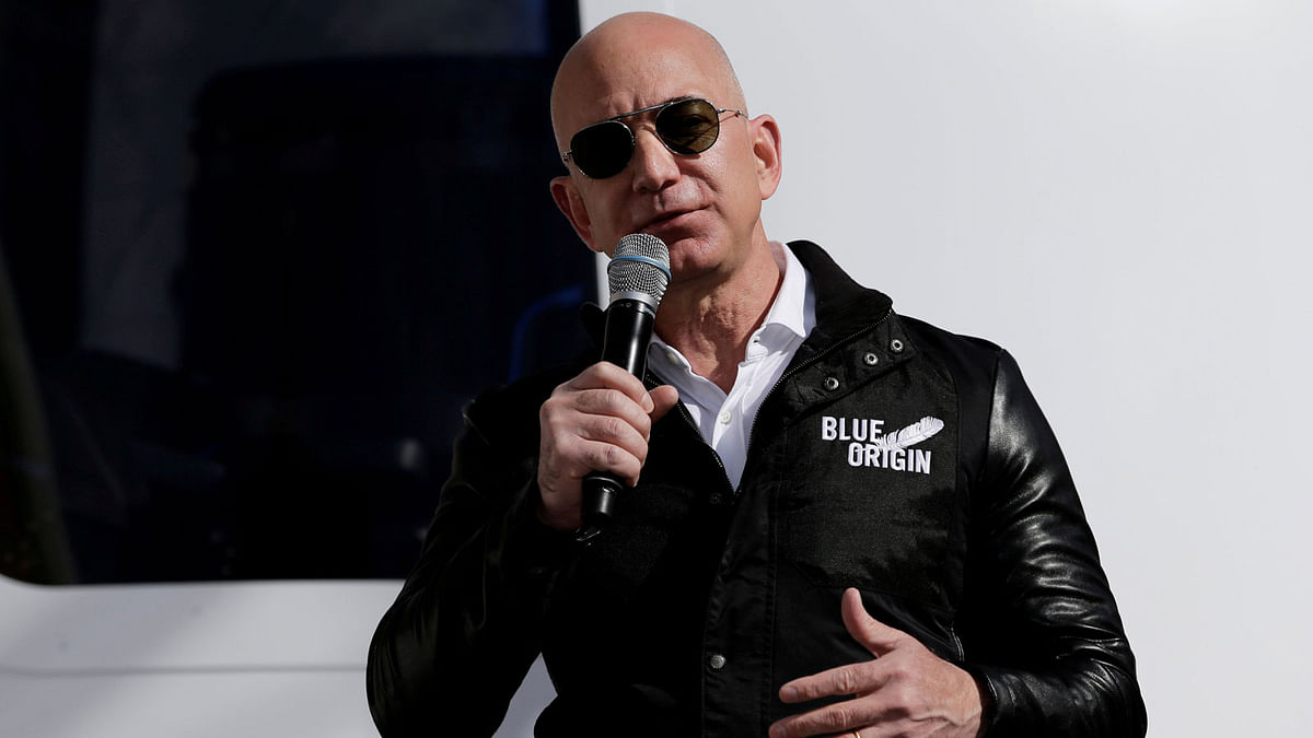 Amazon and Blue Origin founder Jeff Bezos addresses the media about the New Shepard rocket booster and Crew Capsule mockup at the 33rd Space Symposium in Colorado Springs, Colorado, United States on 5 April 2017. Photo: Reuters
