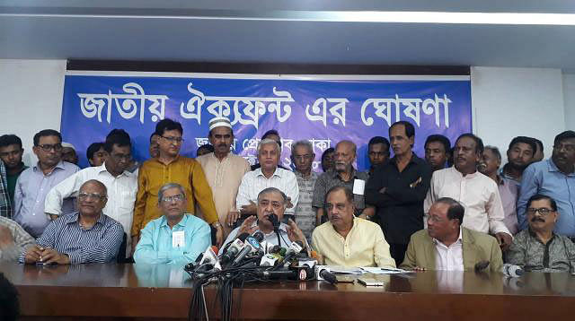 Noted jurist Kamal Hossain speaks at a press conference at National Press Club on Saturday organised to announce the National Unity Front. Photo: Prothom Alo