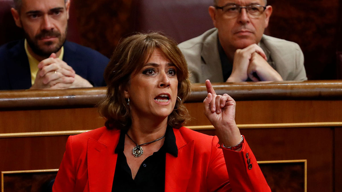 Spain`s Justice Minister Dolores Delgado gestures during a session at parliament in Madrid, Spain on 26 September. Photo: Reuters