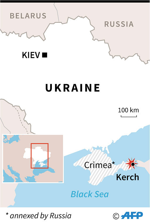 Map locating city of Kerch in Crimea where at least 10 people were killed in an explosion at a technical college. Photo: AFP