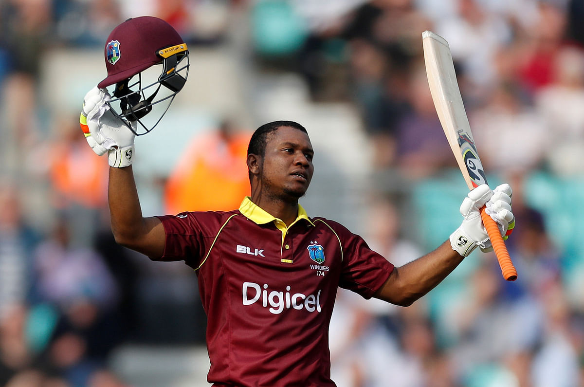 West Indies` Evin Lewis celebrates his century in fourth One Day International against England at Kia Oval, London, Britain on 27 September 2017. Photo: Reuters