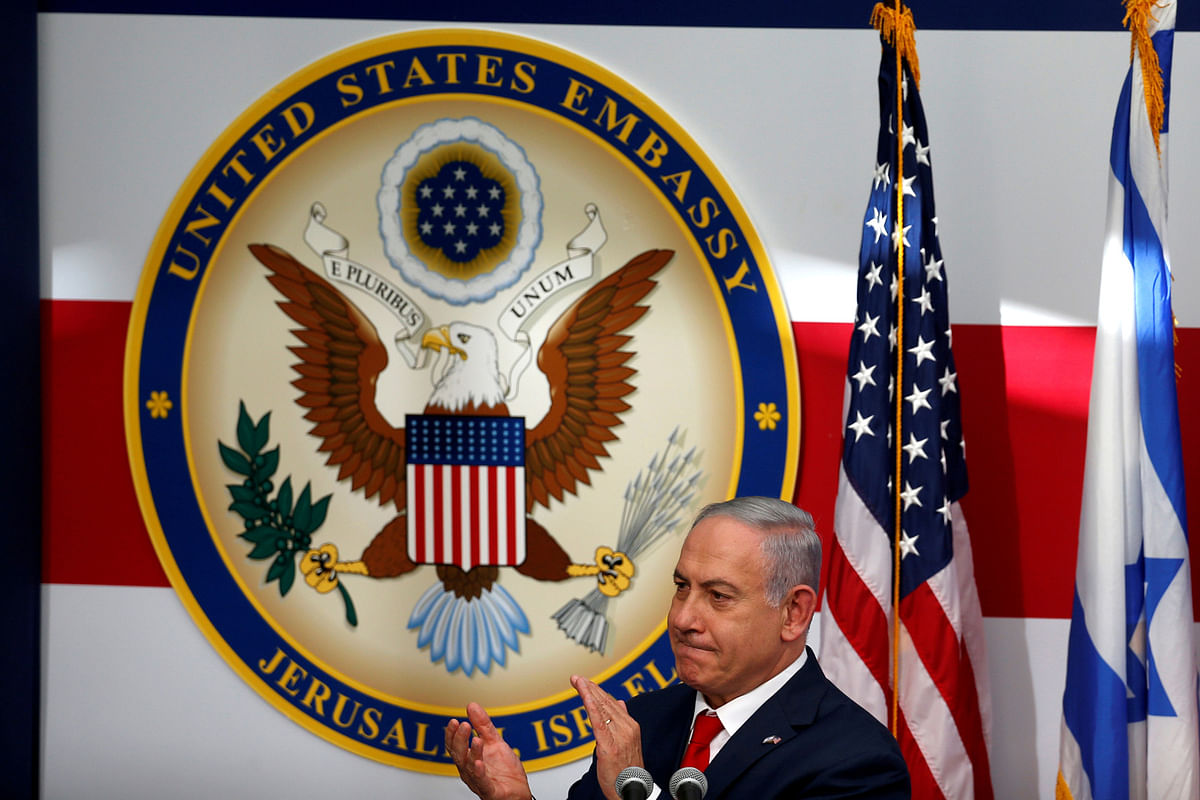 Israeli prime minister Benjamin Netanyahu claps his hands during the dedication ceremony of the new US embassy in Jerusalem, Israel on 14 May. Photo: AFP