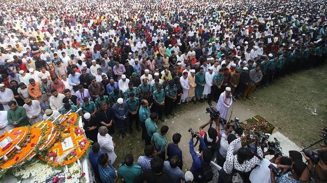 Ayub Bachchu’s first namaj-e-janaza is held at National Eidgah after Jumma prayers on Friday. Photo: Abdus Salam