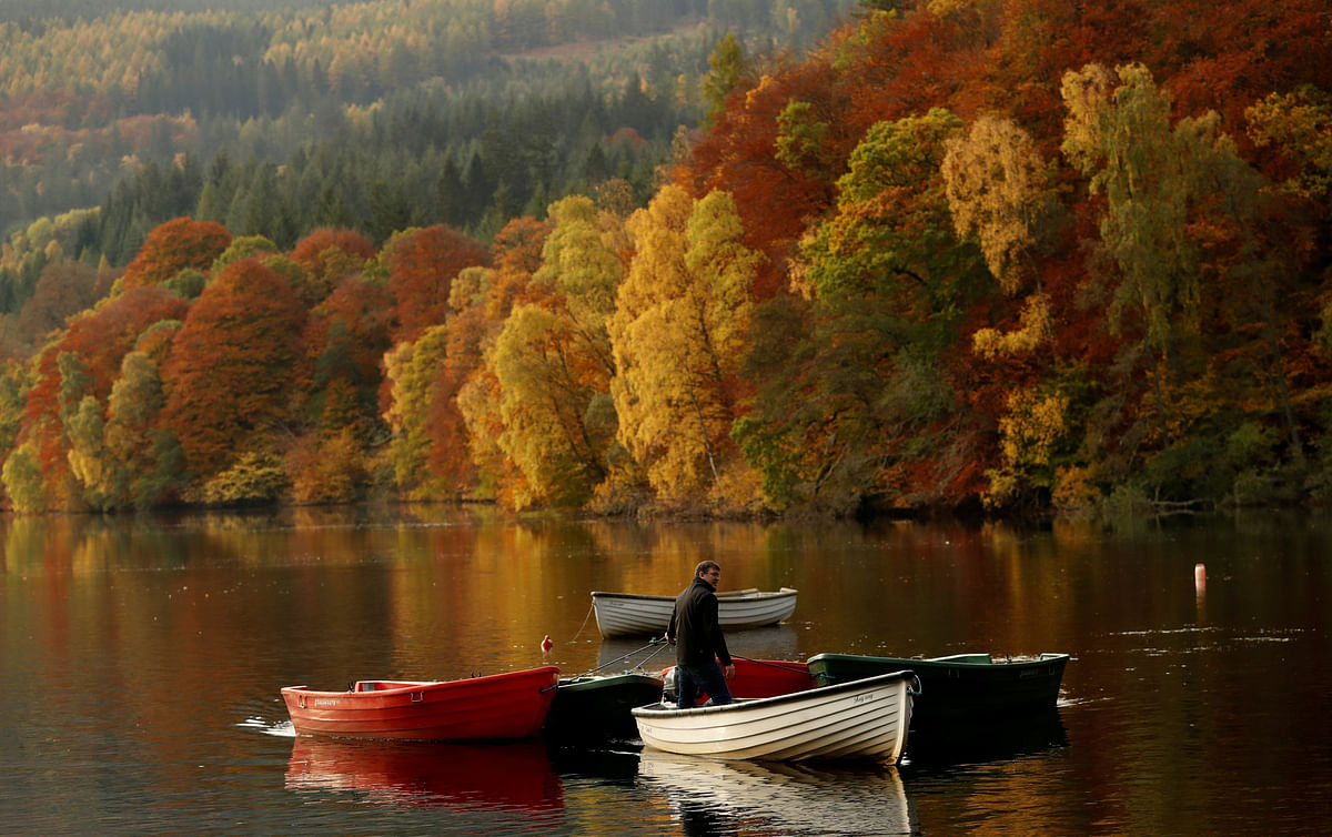 A man stands on a boat as autumn foliage is reflected off Loch Faskally, in Perthshire, Scotland, Britain on 19 October. Photo: Reuters