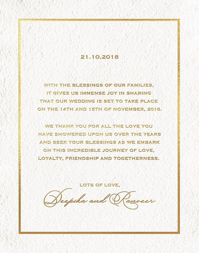 Bollywood superstars Deepika Padukone and Ranveer Singh announced on 21 October that they are tying the knot, ending months of speculation about their relationship. Photo: Deepika’s Twitter account