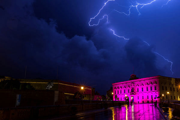 Lightning streaks are seen during a storm over the Auberge de Castille, the office of the Prime Minister Joseph Muscat, in Valletta, Malta. Photo: Reuters