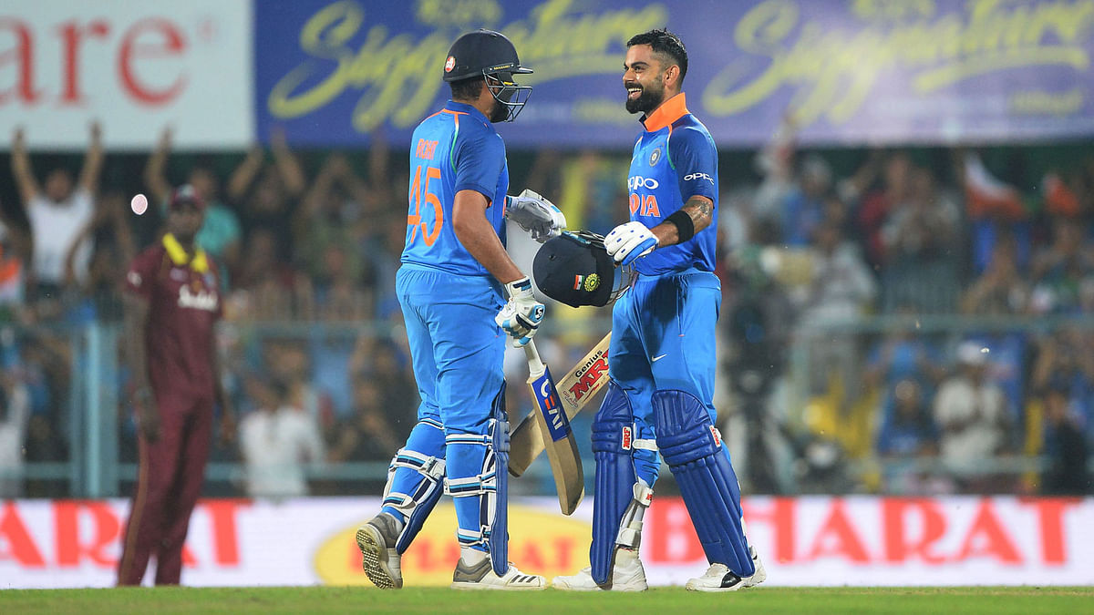Kohli made 140 and Sharma took an unbeaten 152 for a record 246 runs to flay the West Indies bowling attack during their team`s 323-run chase. AFP